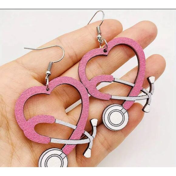 NEW Nurse Stethoscope Heart Pink Medical Earrings Respiratory MA - Picture 2 of 2